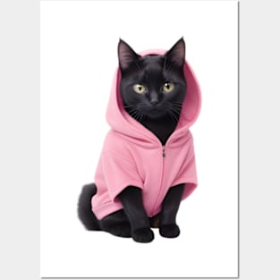 Cute black cat wearing pink hoodie Posters and Art